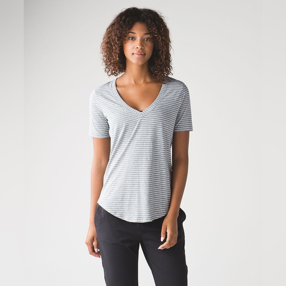 lululemon athletica Women's Gray and White Striped V-Neck Tee